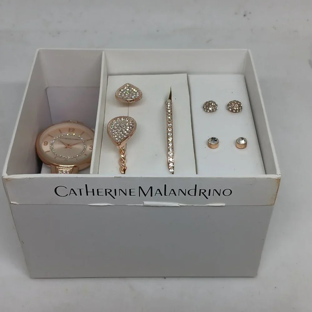 Catherine Malandrino CMO5178 Women's 34mm Rose Tone Watch + Jewelry Sample Set